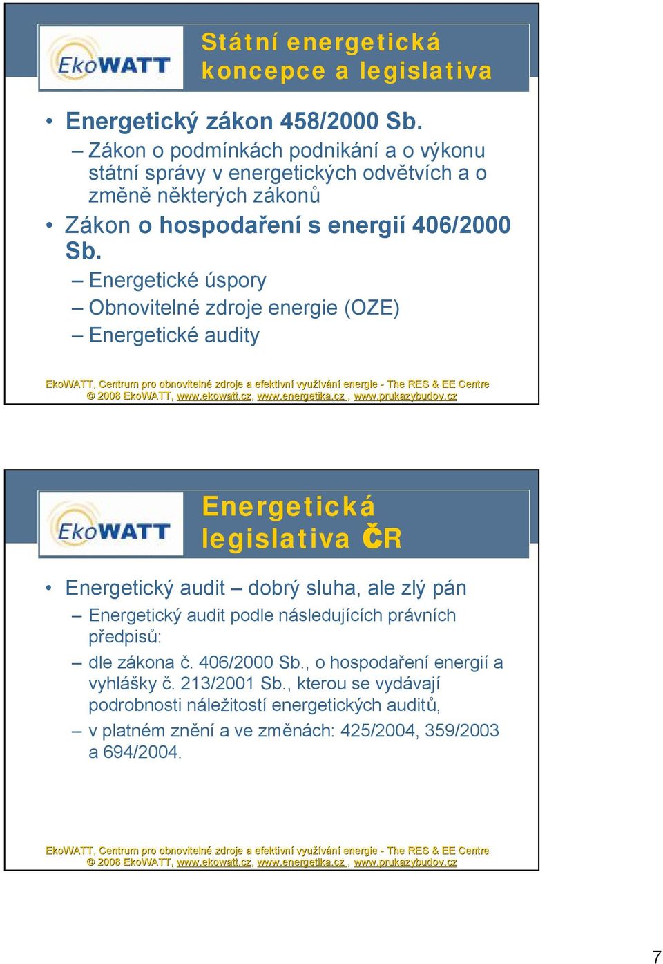 Energetické úspory Obnovitelné zdroje energie (OZE) Energetické audity Energetická legislativa ČR Energetický audit dobrý sluha, ale zlý pán Energetický