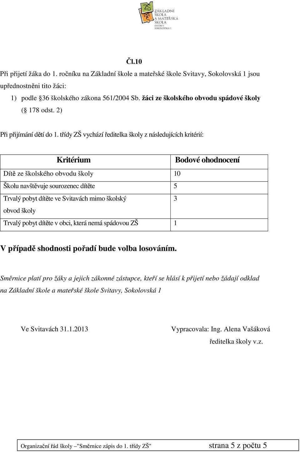 třídy ZŠ vychází ředitelka školy z následujících kritérií: Kritérium Bodové ohodnocení Dítě ze školského obvodu školy 10 Školu navštěvuje sourozenec dítěte 5 Trvalý pobyt dítěte ve Svitavách mimo