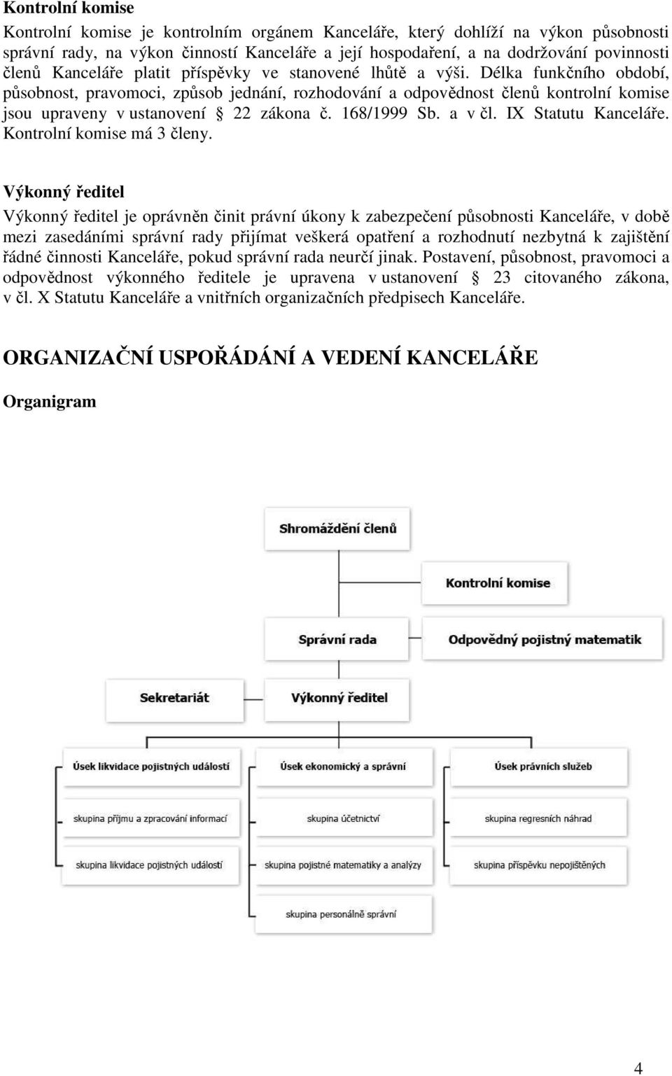 Délka funkčního období, působnost, pravomoci, způsob jednání, rozhodování a odpovědnost členů kontrolní komise jsou upraveny v ustanovení 22 zákona č. 168/1999 Sb. a v čl. IX Statutu Kanceláře.