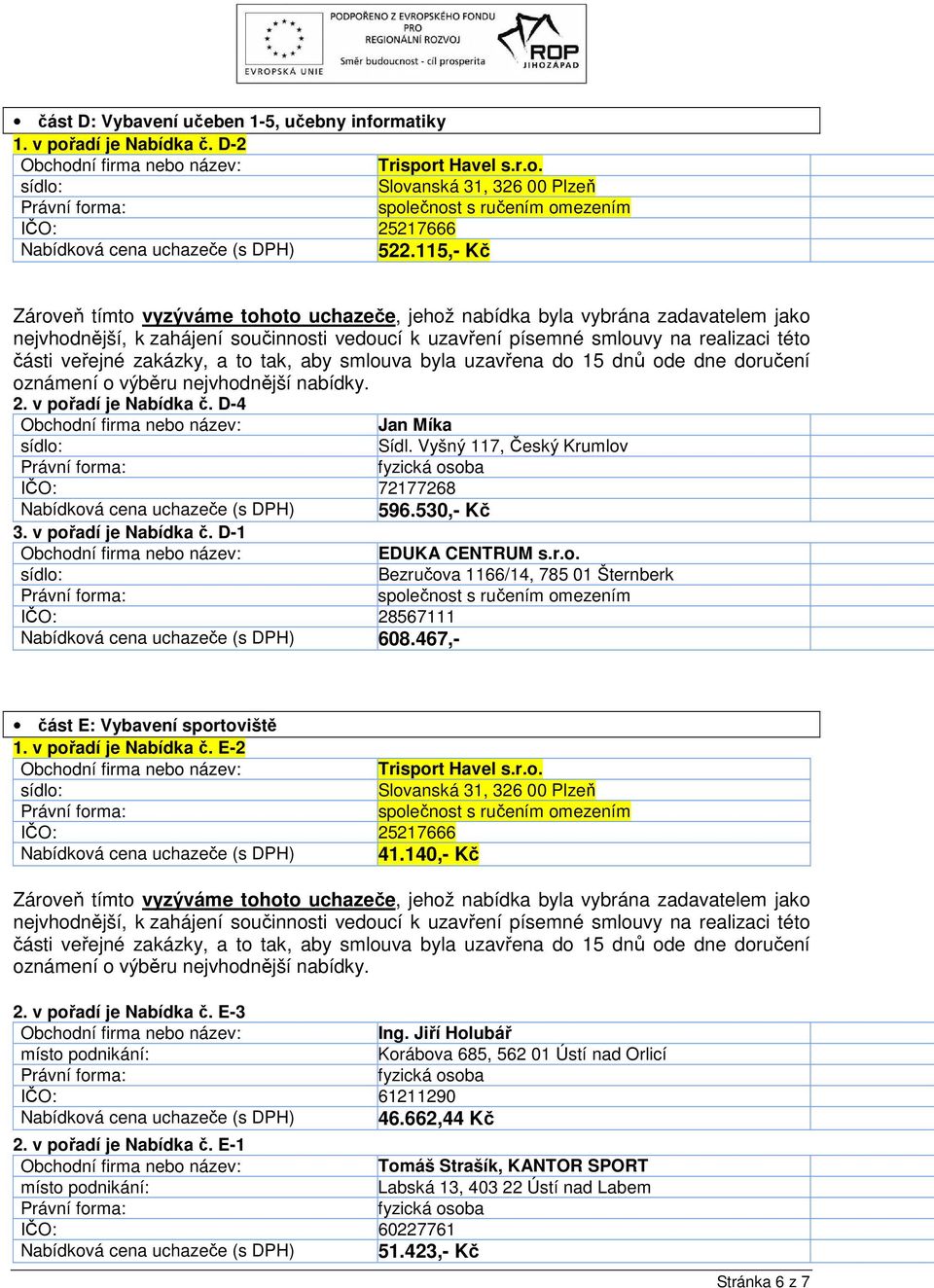 467,- část E: Vybavení sportoviště 1. v pořadí je Nabídka č. E-2 Nabídková cena uchazeče (s DPH) 41.140,- Kč 2. v pořadí je Nabídka č. E-3 Ing.