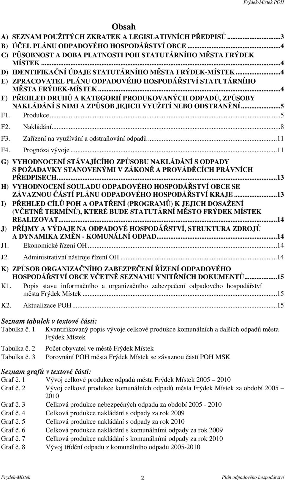 ..4 F) PŘEHLED DRUHŮ A KATEGORIÍ PRODUKOVANÝCH ODPADŮ, ZPŮSOBY NAKLÁDÁNÍ S NIMI A ZPŮSOB JEJICH VYUŽITÍ NEBO ODSTRANĚNÍ...5 F1. Produkce...5 F2. Nakládání...8 F3.