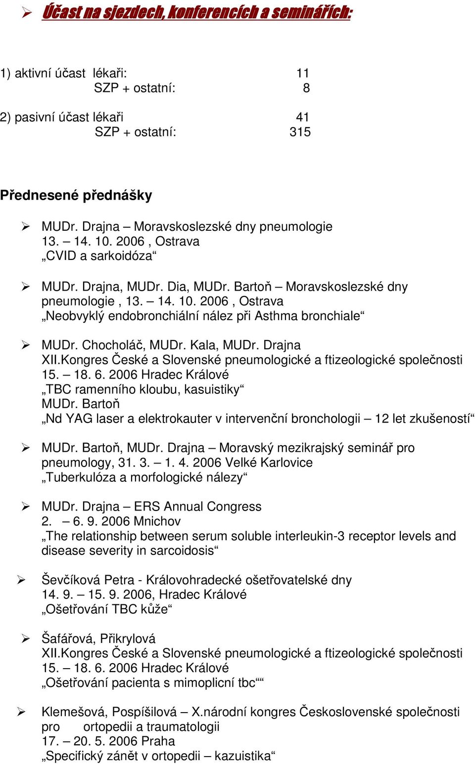 Chocholáč, MUDr. Kala, MUDr. Drajna XII.Kongres České a Slovenské pneumologické a ftizeologické společnosti 15. 18. 6. 2006 Hradec Králové TBC ramenního kloubu, kasuistiky MUDr.