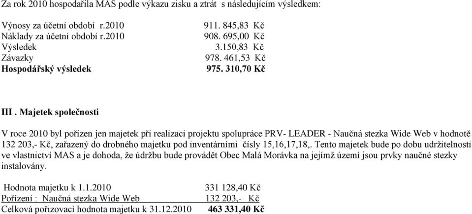 Majetek společnosti V roce 2010 byl pořízen jen majetek při realizaci projektu spolupráce PRV- LEADER - Naučná stezka Wide Web v hodnotě 132 203,- Kč, zařazený do drobného majetku pod inventárními