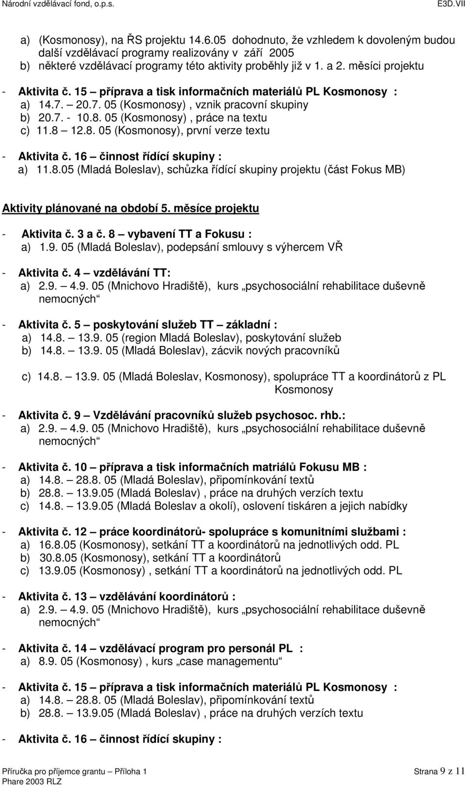 8. 05 (Kosmonosy), první verze textu - Aktivita č. 16 činnost řídící skupiny : a) 11.8.05 (Mladá Boleslav), schůzka řídící skupiny projektu (část Fokus MB) Aktivity plánované na období 5.