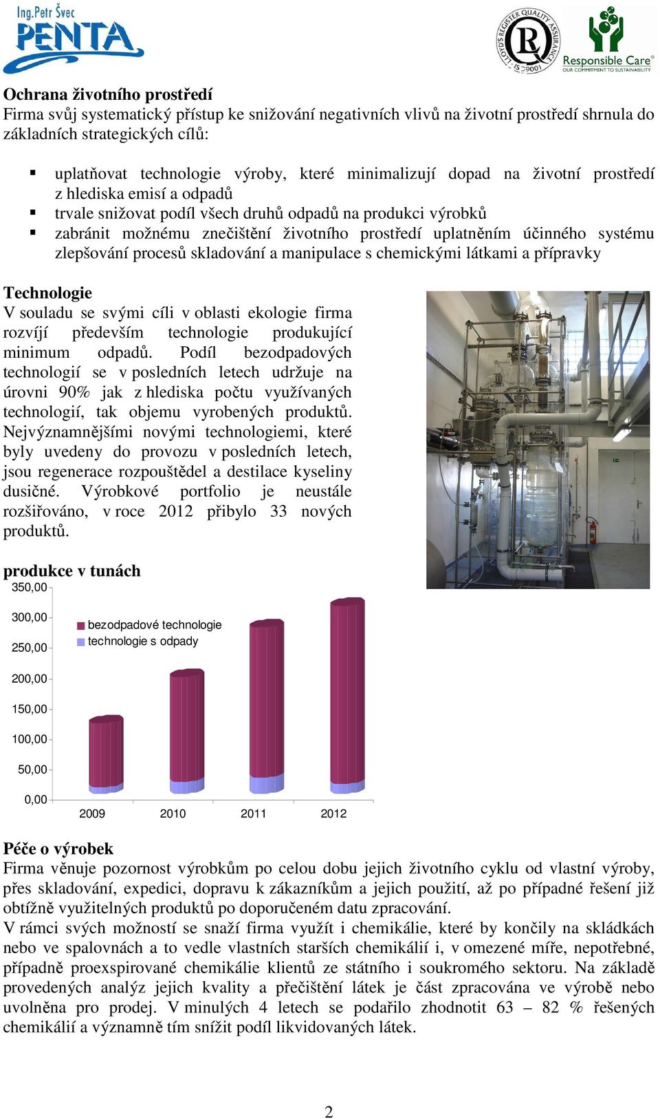 životního prostředí uplatněním účinného systému zlepšování procesů skladování a manipulace s chemickými látkami a přípravky Technologie V souladu se svými cíli v oblasti ekologie firma rozvíjí