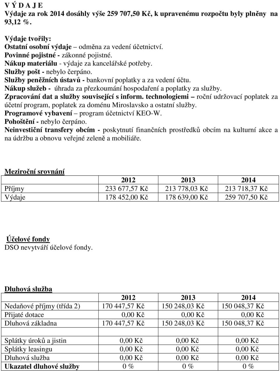 Nákup služeb - úhrada za přezkoumání hospodaření a poplatky za služby. Zpracování dat a služby související s inform.