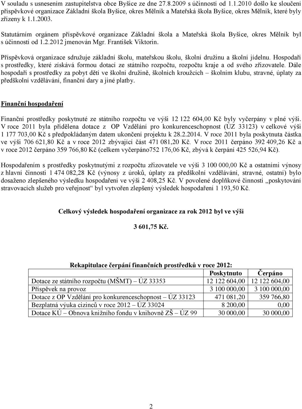 Statutárním orgánem příspěvkové organizace Základní škola a Mateřská škola Byšice, okres Mělník byl s účinností od 1.2.2012 jmenován Mgr. František Viktorin.