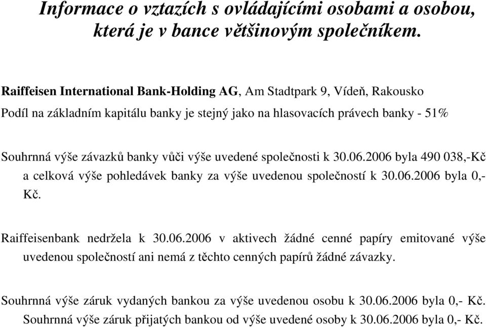 vůči výše uvedené společnosti k 30.06.2006 byla 490 038,-Kč a celková výše pohledávek banky za výše uvedenou společností k 30.06.2006 byla 0,- Kč. Raiffeisenbank nedržela k 30.06.2006 v aktivech žádné cenné papíry emitované výše uvedenou společností ani nemá z těchto cenných papírů žádné závazky.