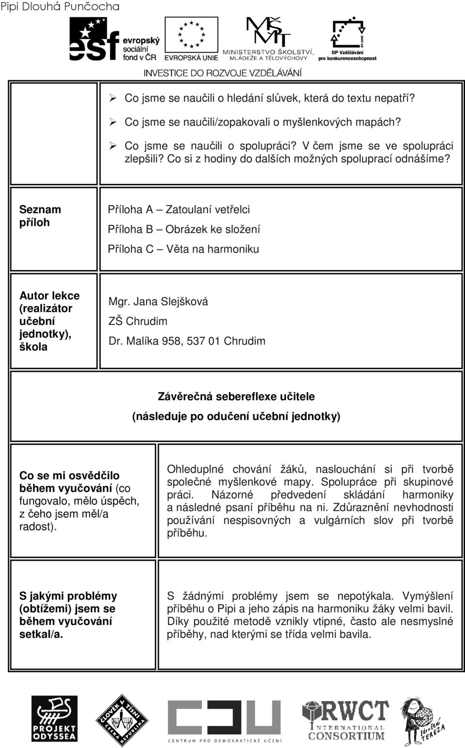 Seznam příloh Příloha A Zatoulaní vetřelci Příloha B Obrázek ke složení Příloha C Věta na harmoniku Autor lekce (realizátor učební jednotky), škola Mgr. Jana Slejšková ZŠ Chrudim Dr.