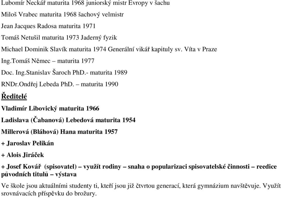 maturita 1990 Ředitelé Vladimír Libovický maturita 1966 Ladislava (Čabanová) Lebedová maturita 1954 Millerová (Bláhová) Hana maturita 1957 + Jaroslav Pelikán + Alois Jiráček + Josef Kovář