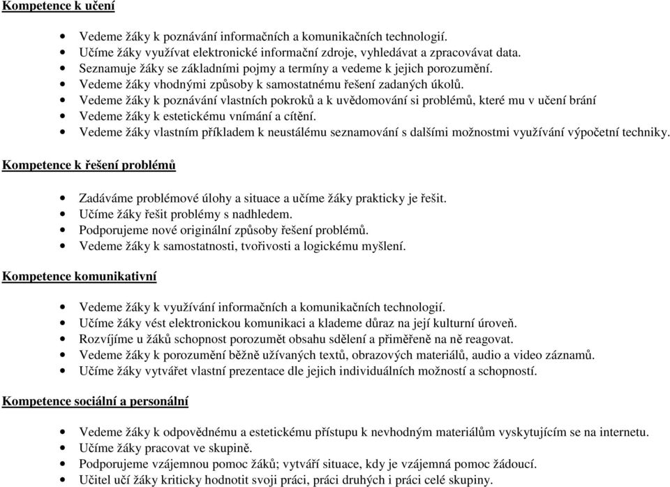 Vedeme žáky k poznávání vlastních pokroků a k uvědomování si problémů, které mu v učení brání Vedeme žáky k estetickému vnímání a cítění.