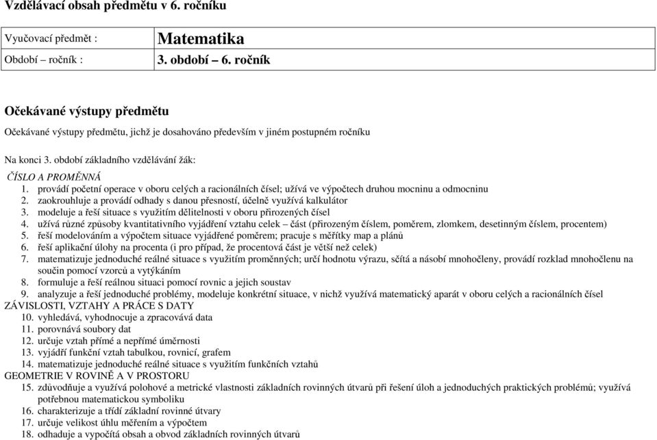 provádí početní operace v oboru celých a racionálních čísel; užívá ve výpočtech druhou mocninu a odmocninu 2. zaokrouhluje a provádí odhady s danou přesností, účelně využívá kalkulátor 3.