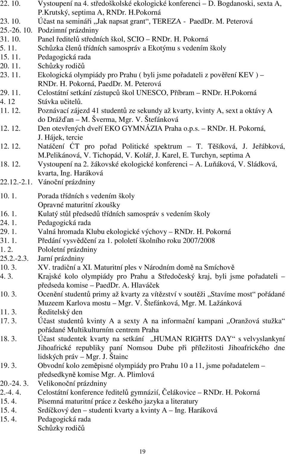 11. Ekologická olympiády pro Prahu ( byli jsme pořadateli z pověření KEV ) RNDr. H. Pokorná, PaedDr. M. Peterová 29. 11. Celostátní setkání zástupců škol UNESCO, Příbram RNDr. H.Pokorná 4.