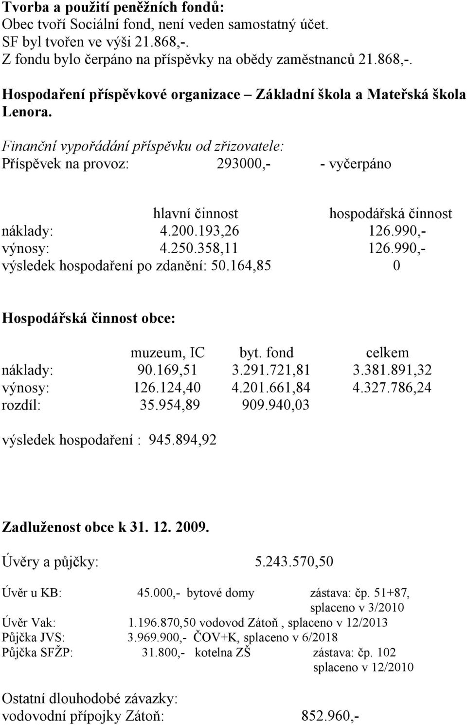 990,- výsledek hospodaření po zdanění: 50.164,85 0 Hospodářská činnost obce: muzeum, IC byt. fond celkem náklady: 90.169,51 3.291.721,81 3.381.891,32 výnosy: 126.124,40 4.201.661,84 4.327.