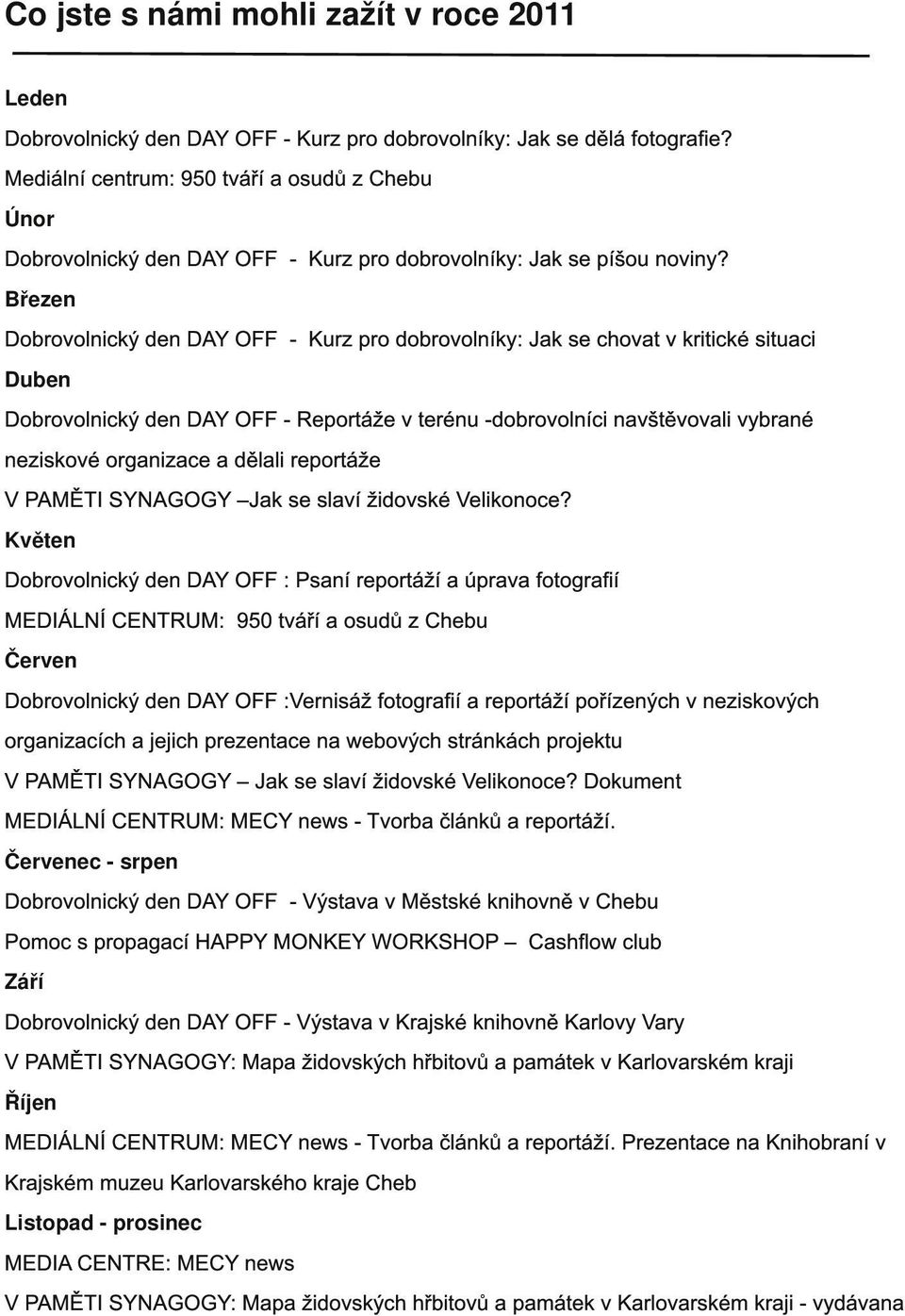 Březen Dobrovolnický den DAY OFF - Kurz pro dobrovolníky: Jak se chovat v kritické situaci Duben Dobrovolnický den DAY OFF - Reportáže v terénu -dobrovolníci navštěvovali vybrané neziskové organizace