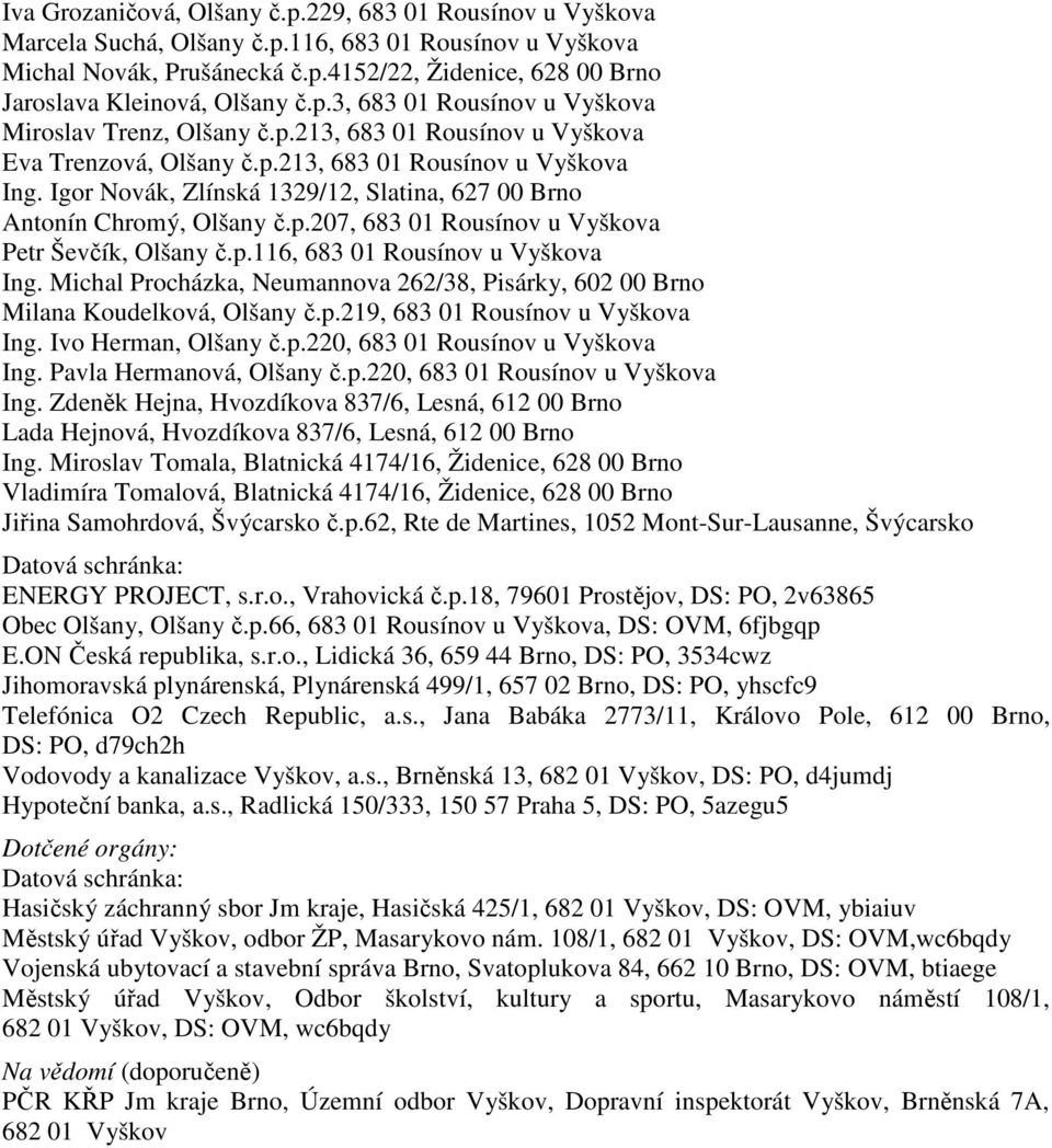 Igor Novák, Zlínská 1329/12, Slatina, 627 00 Brno Antonín Chromý, Olšany č.p.207, 683 01 Rousínov u Vyškova Petr Ševčík, Olšany č.p.116, 683 01 Rousínov u Vyškova Ing.