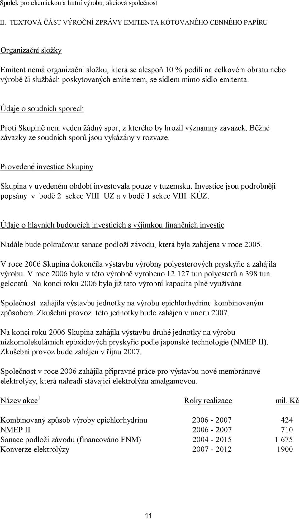 Běžné závazky ze soudních sporů jsou vykázány v rozvaze. Provedené investice Skupiny Skupina v uvedeném období investovala pouze v tuzemsku.