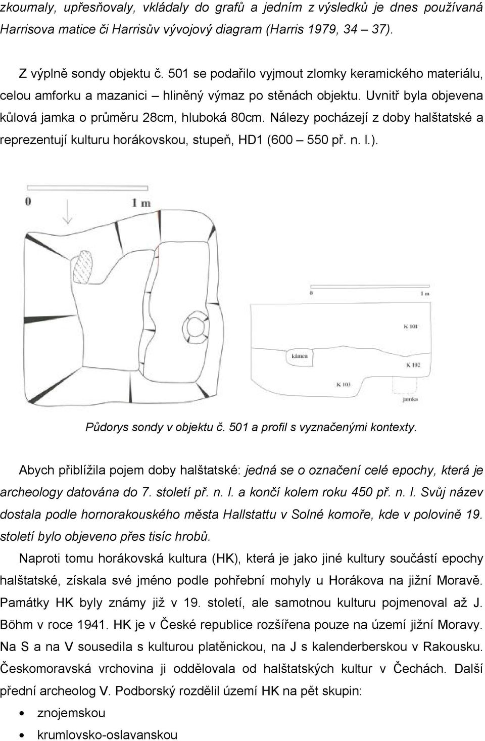 Nálezy pocházejí z doby halštatské a reprezentují kulturu horákovskou, stupeň, HD1 (600 550 př. n. l.). Půdorys sondy v objektu č. 501 a profil s vyznačenými kontexty.