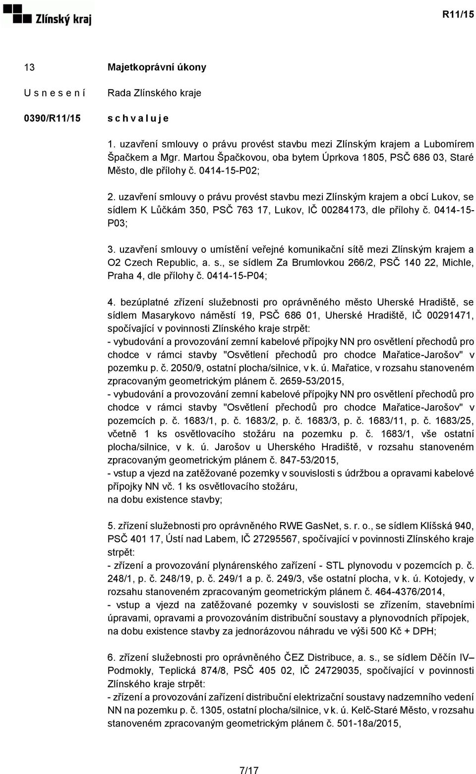 uzavření smlouvy o právu provést stavbu mezi Zlínským krajem a obcí Lukov, se sídlem K Lůčkám 350, PSČ 763 17, Lukov, IČ 00284173, dle přílohy č. 0414-15- P03; 3.