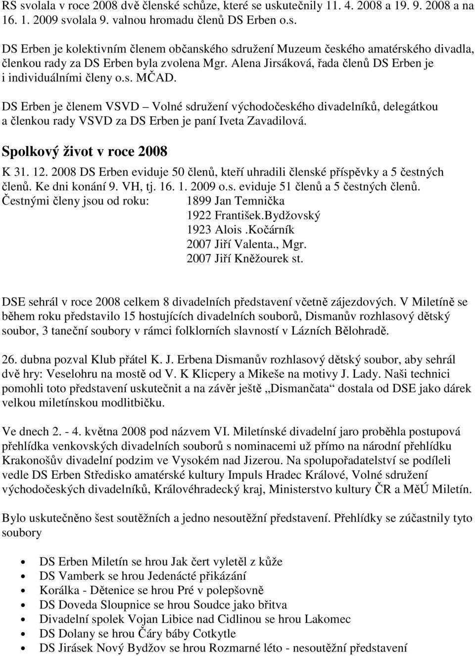 DS Erben je členem VSVD Volné sdružení východočeského divadelníků, delegátkou a členkou rady VSVD za DS Erben je paní Iveta Zavadilová. Spolkový život v roce 2008 K 31. 12.