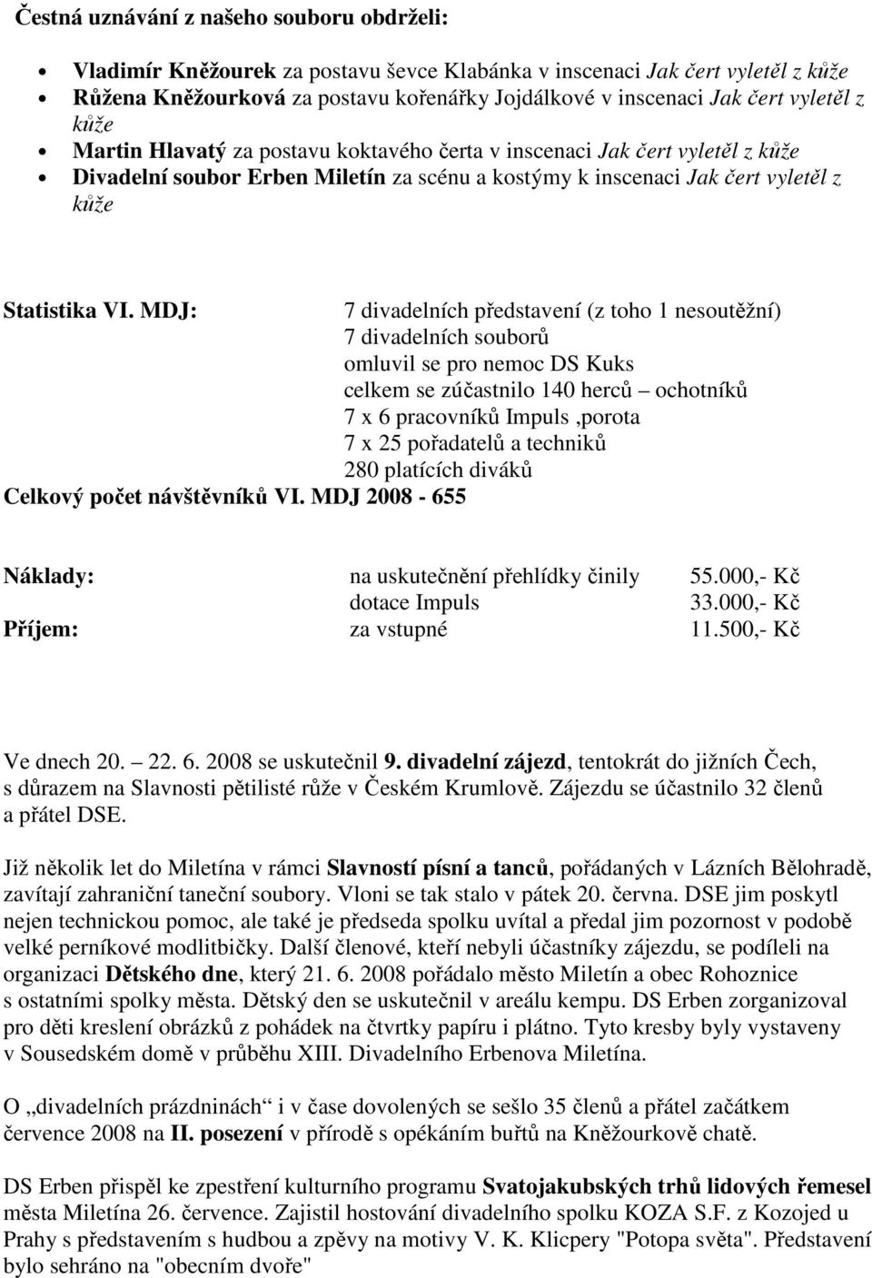 MDJ: 7 divadelních představení (z toho 1 nesoutěžní) 7 divadelních souborů omluvil se pro nemoc DS Kuks celkem se zúčastnilo 140 herců ochotníků 7 x 6 pracovníků Impuls,porota 7 x 25 pořadatelů a