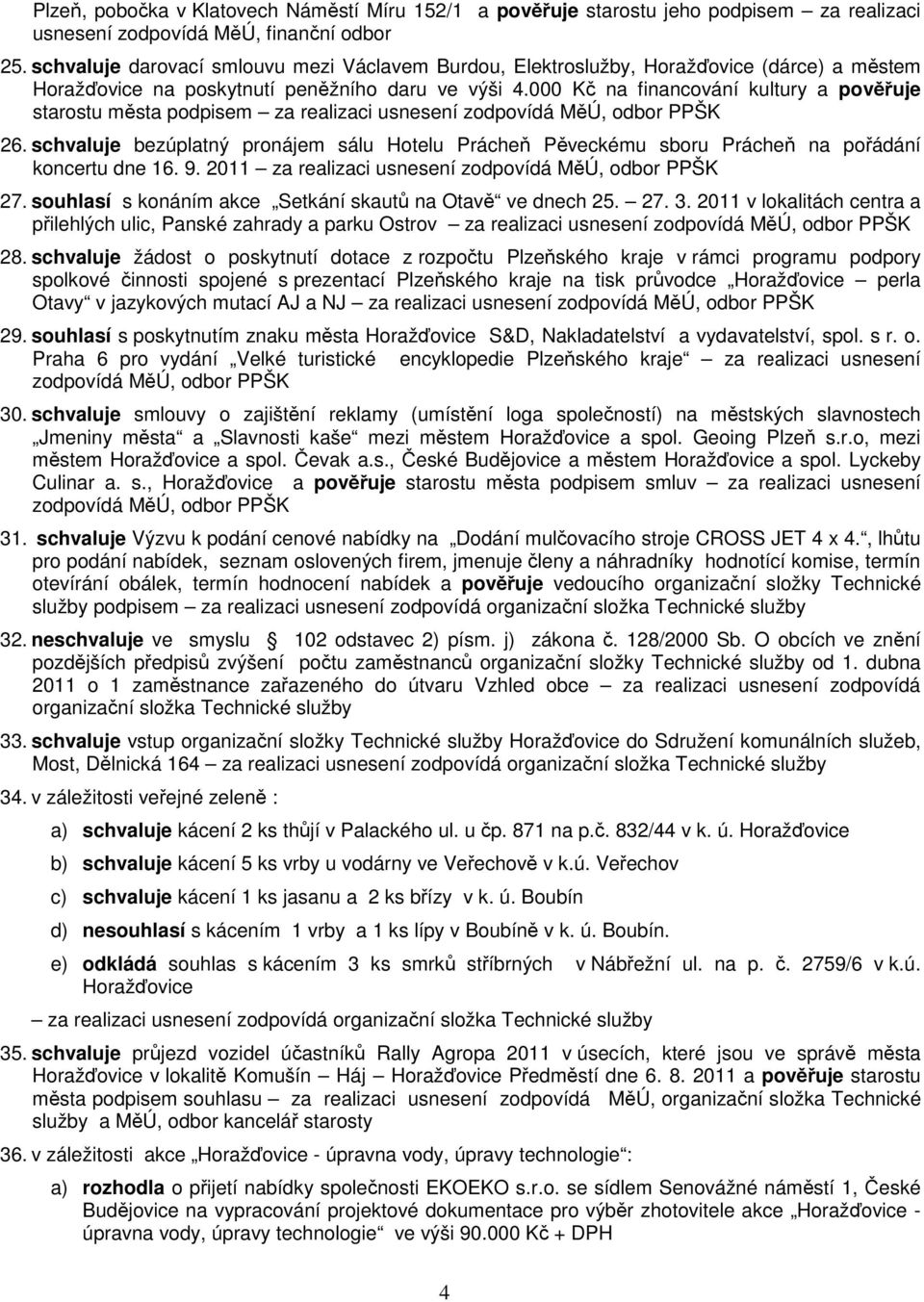 000 Kč na financování kultury a pověřuje starostu města podpisem za realizaci usnesení zodpovídá MěÚ, odbor PPŠK 26.