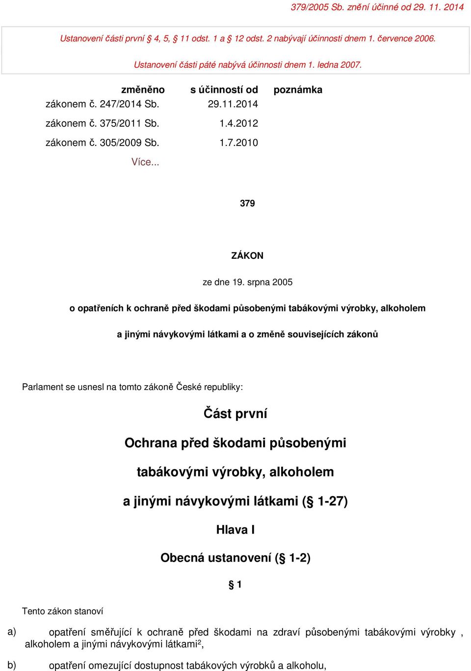 srpna 2005 o opatřeních k ochraně před škodami působenými tabákovými výrobky, alkoholem a jinými návykovými látkami a o změně souvisejících zákonů Parlament se usnesl na tomto zákoně České republiky: