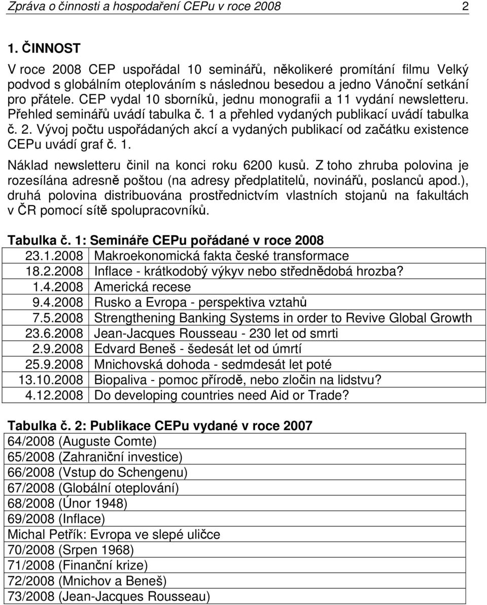 CEP vydal 10 sborníků, jednu monografii a 11 vydání newsletteru. Přehled seminářů uvádí tabulka č. 1 a přehled vydaných publikací uvádí tabulka č. 2.