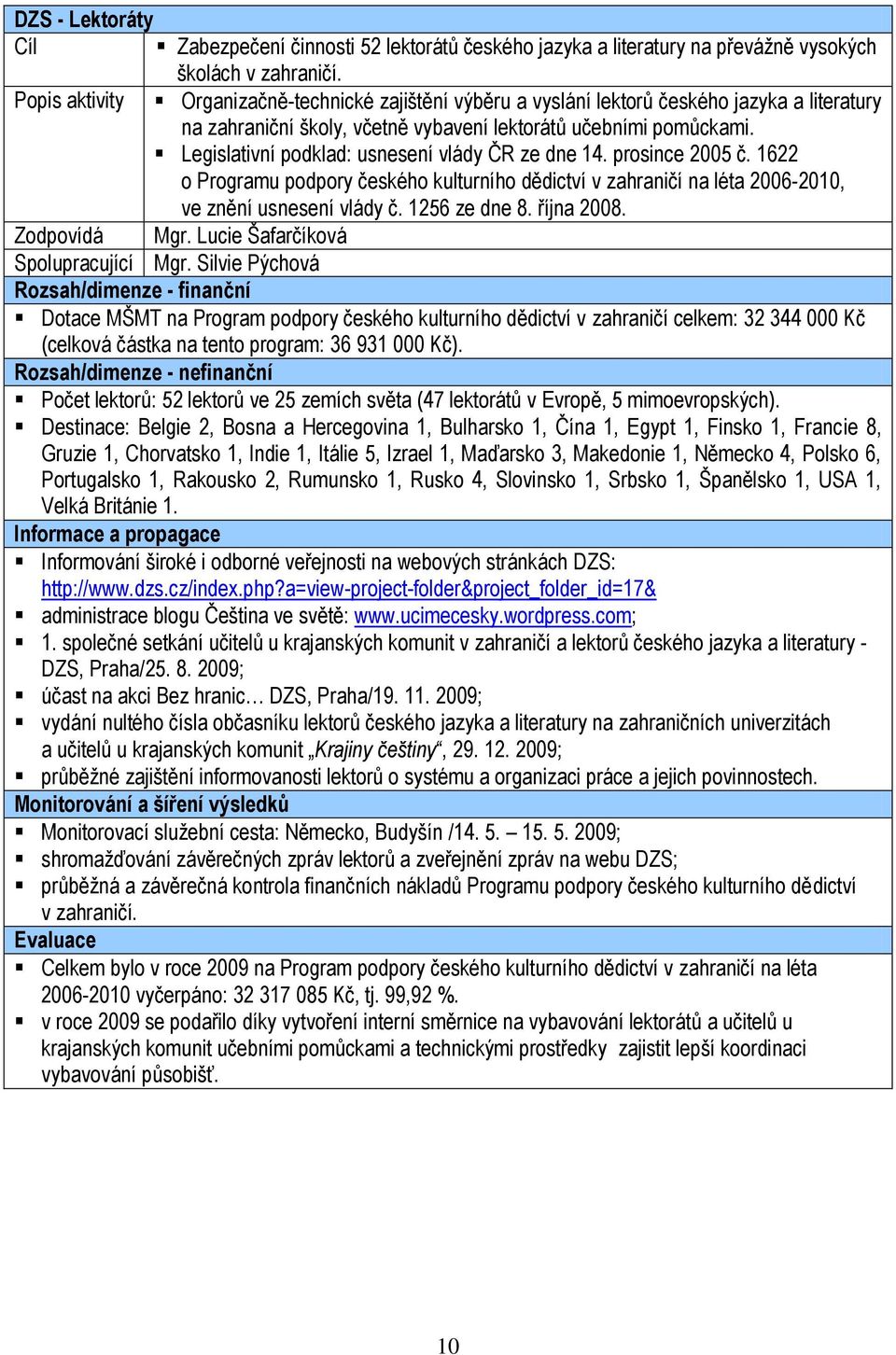 Legislativní podklad: usnesení vlády ČR ze dne 14. prosince 2005 č. 1622 o Programu podpory českého kulturního dědictví v zahraničí na léta 2006-2010, ve znění usnesení vlády č. 1256 ze dne 8.