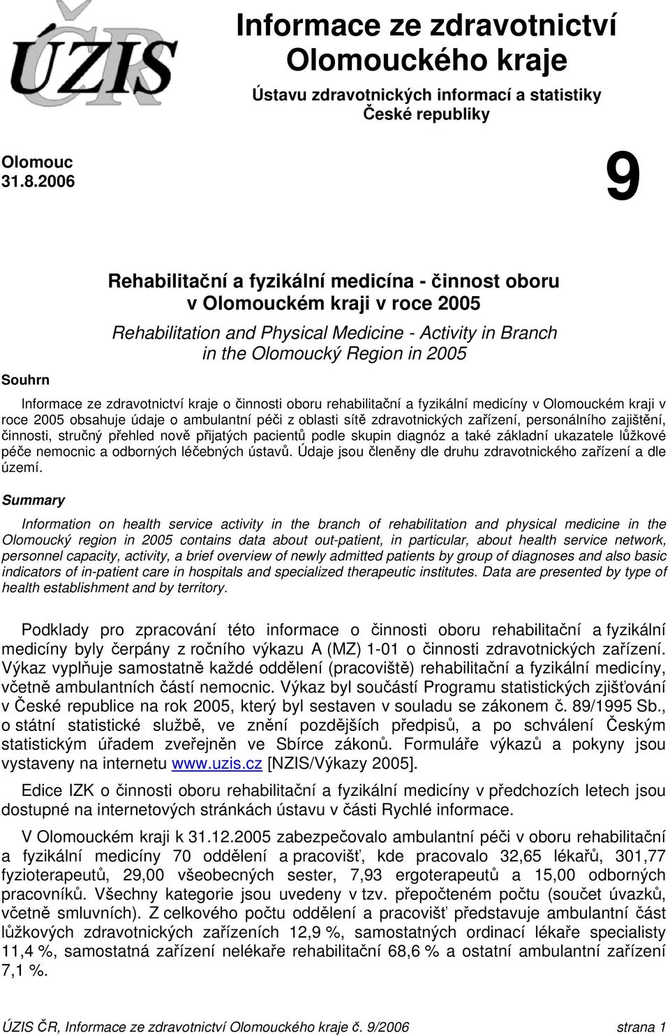 zdravotnictví kraje o činnosti oboru rehabilitační a fyzikální medicíny v Olomouckém kraji v roce 2005 obsahuje údaje o ambulantní péči z oblasti sítě zdravotnických zařízení, personálního zajištění,
