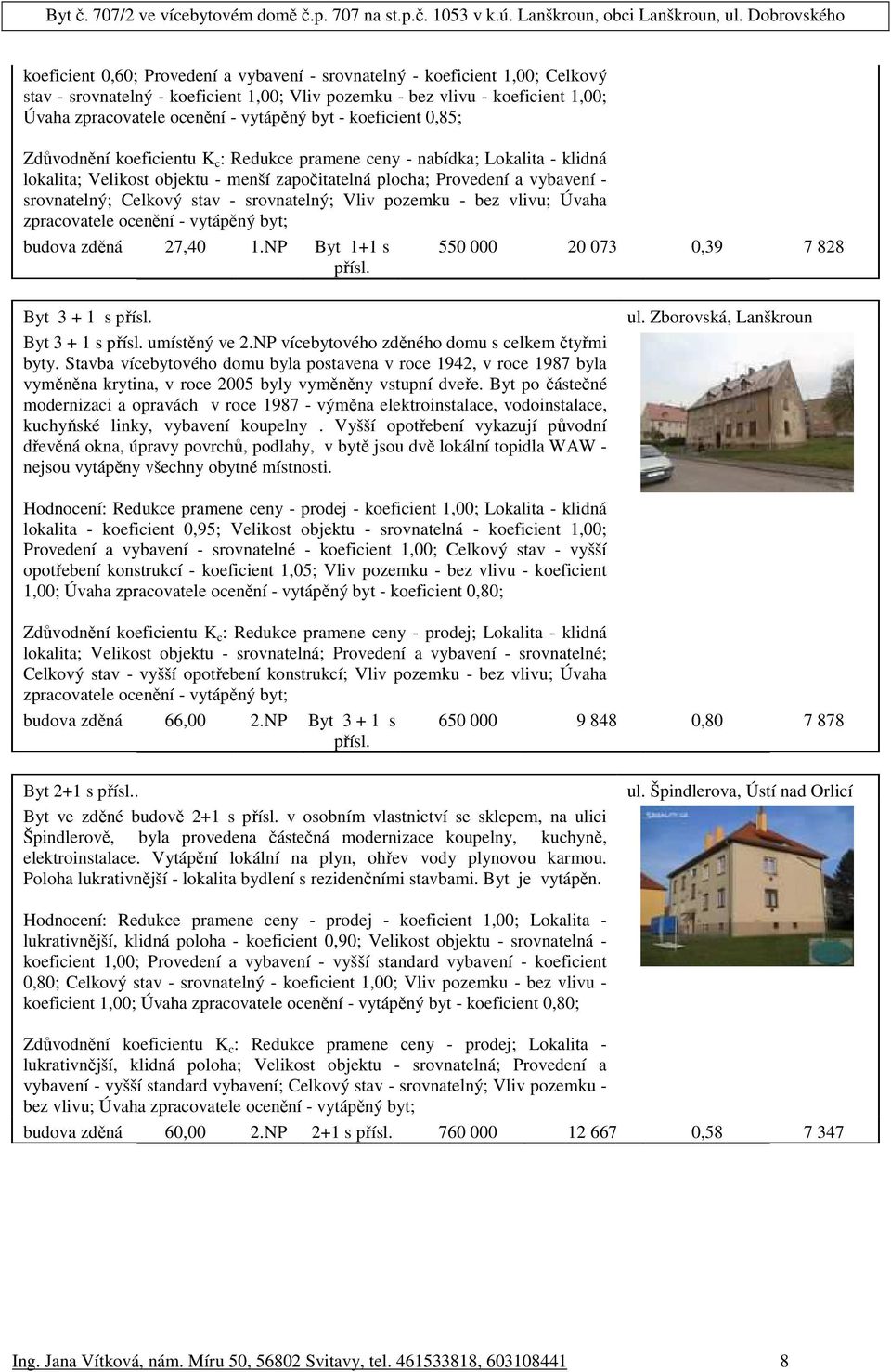 Celkový stav - srovnatelný; Vliv pozemku - bez vlivu; Úvaha zpracovatele ocenění - vytápěný byt; budova zděná 27,40 1.NP Byt 1+1 s přísl. 550 000 20 073 0,39 7 828 Byt 3 + 1 s přísl.