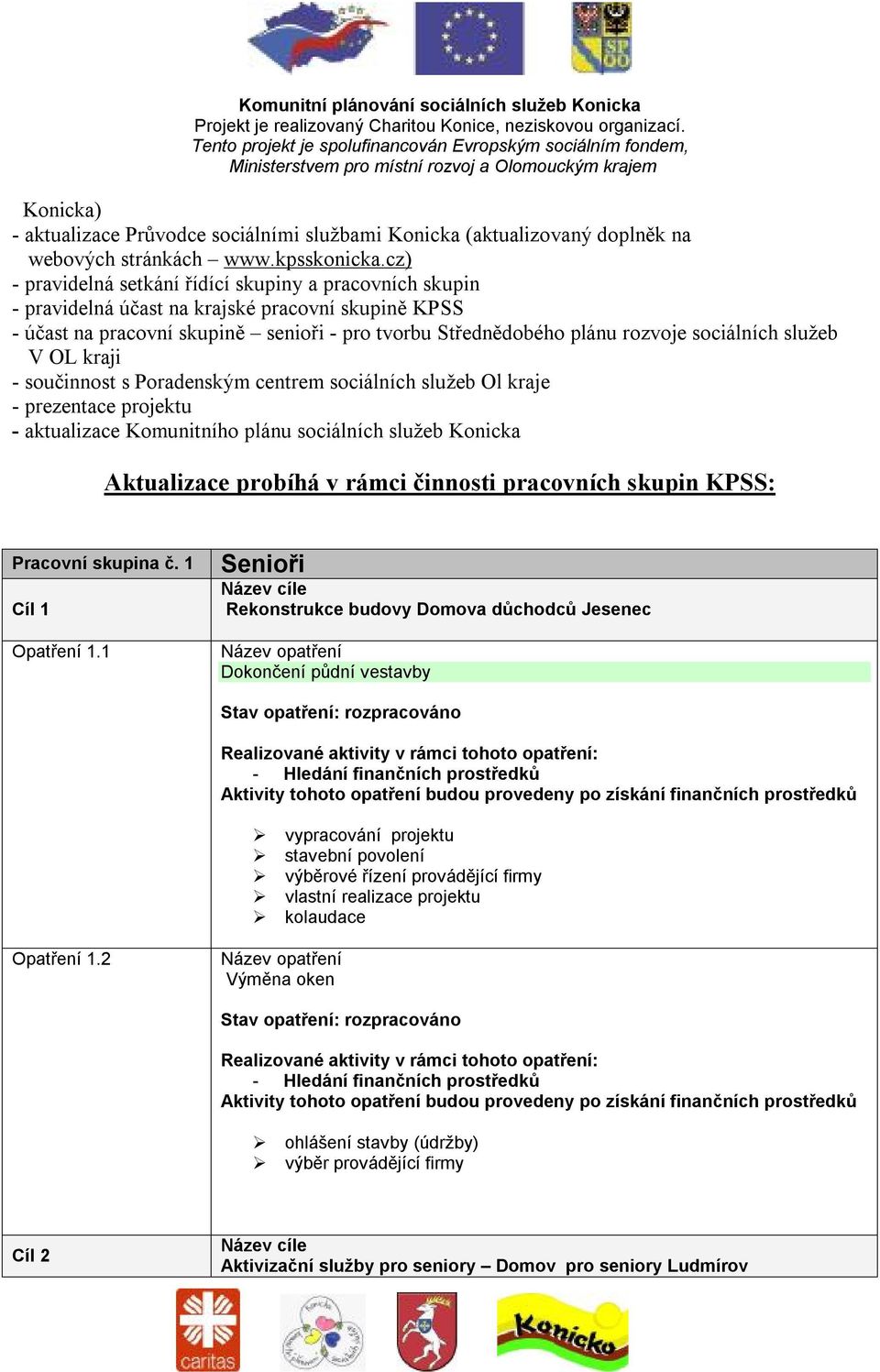 služeb V OL kraji - součinnost s Poradenským centrem sociálních služeb Ol kraje - prezentace projektu - aktualizace Komunitního plánu sociálních služeb Konicka Aktualizace probíhá v rámci činnosti