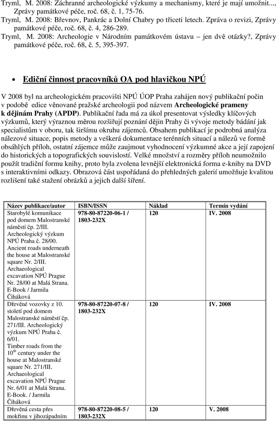 Ediční činnost pracovníků OA pod hlavičkou NPÚ V 2008 byl na archeologickém pracovišti NPÚ ÚOP Praha zahájen nový publikační počin v podobě edice věnované pražské archeologii pod názvem Archeologické