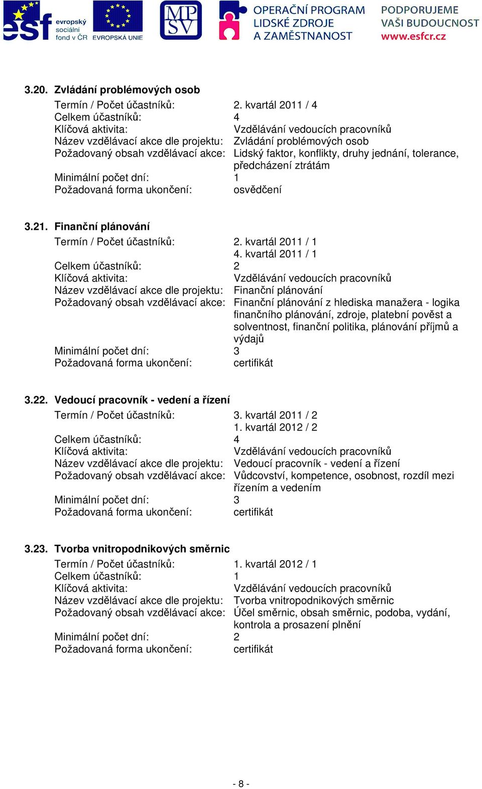 ztrátám Minimální počet dní: 1 Požadovaná forma ukončení: osvědčení 3.21. Finanční plánování Termín / Počet účastníků: 2. kvartál 2011 / 1 4.