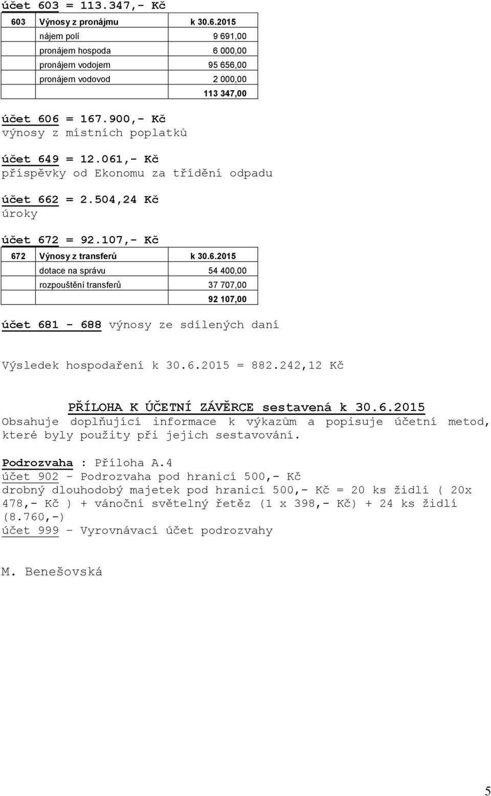 6.2015 = 882.242,12 PŘÍLOHA K ÚČETNÍ ZÁVĚRCE sestavená k 30.6.2015 Obsahuje doplňující informace k výkazům a popisuje účetní metod, které byly použity při jejich sestavování. Podrozvaha : Příloha A.