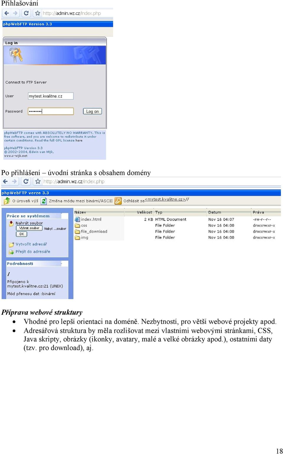 Adresářová struktura by měla rozlišovat mezi vlastními webovými stránkami, CSS, Java