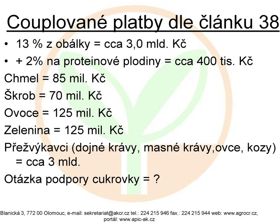 Kč Škrob = 70 mil. Kč Ovoce = 125 mil. Kč Zelenina = 125 mil.