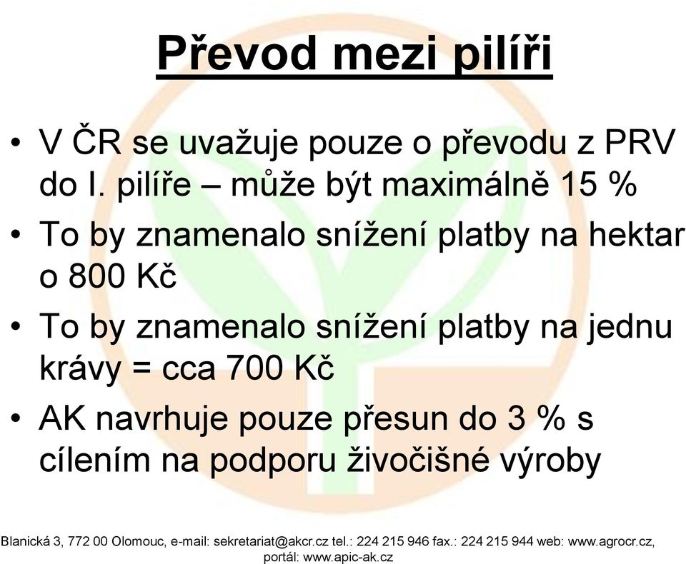 hektar o 800 Kč To by znamenalo snížení platby na jednu krávy = cca