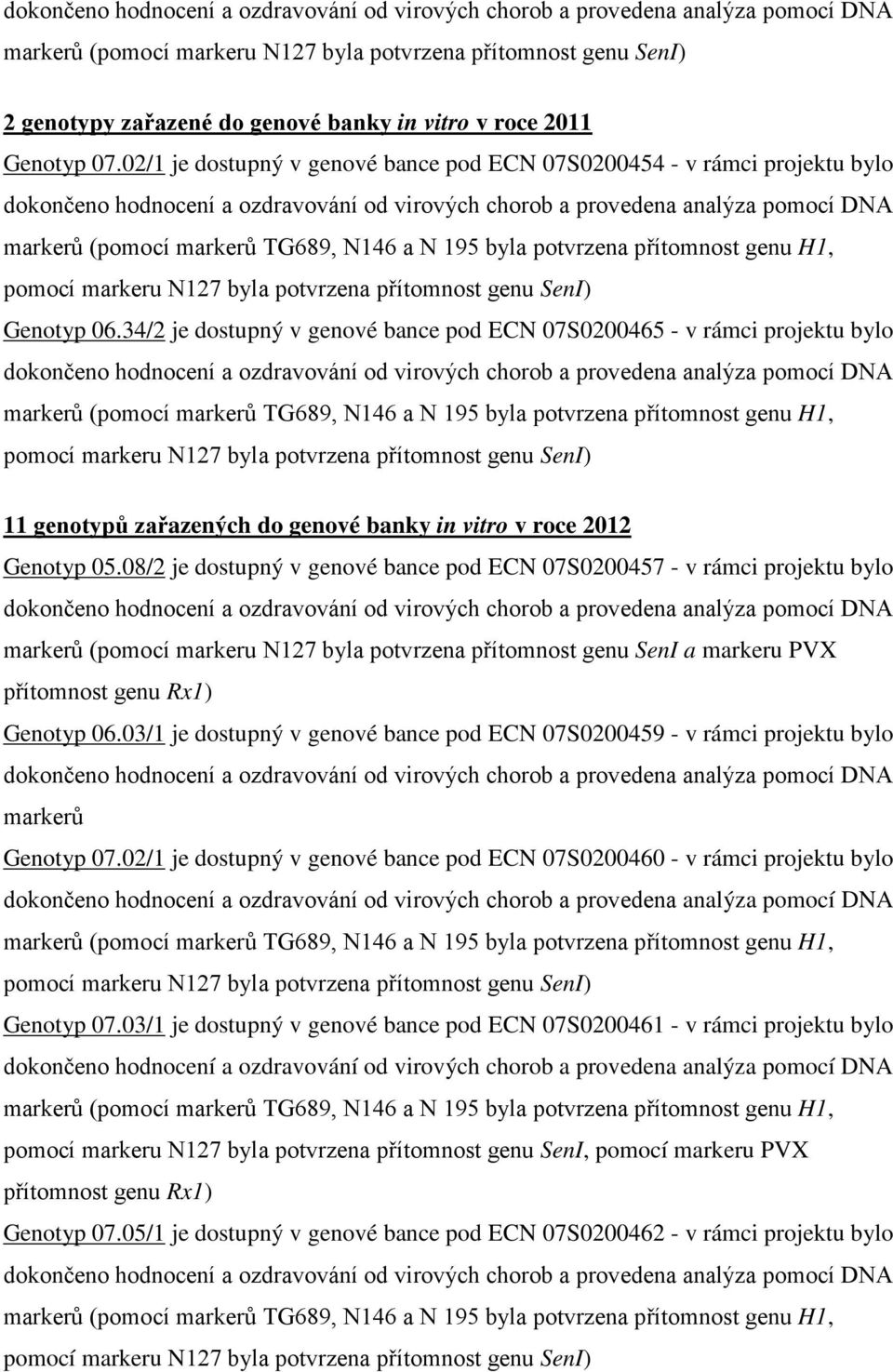 08/2 je dostupný v genové bance pod ECN 07S0200457 - v rámci projektu bylo markerů (pomocí markeru N127 byla potvrzena přítomnost genu SenI a markeru PVX přítomnost genu Rx1) Genotyp 06.