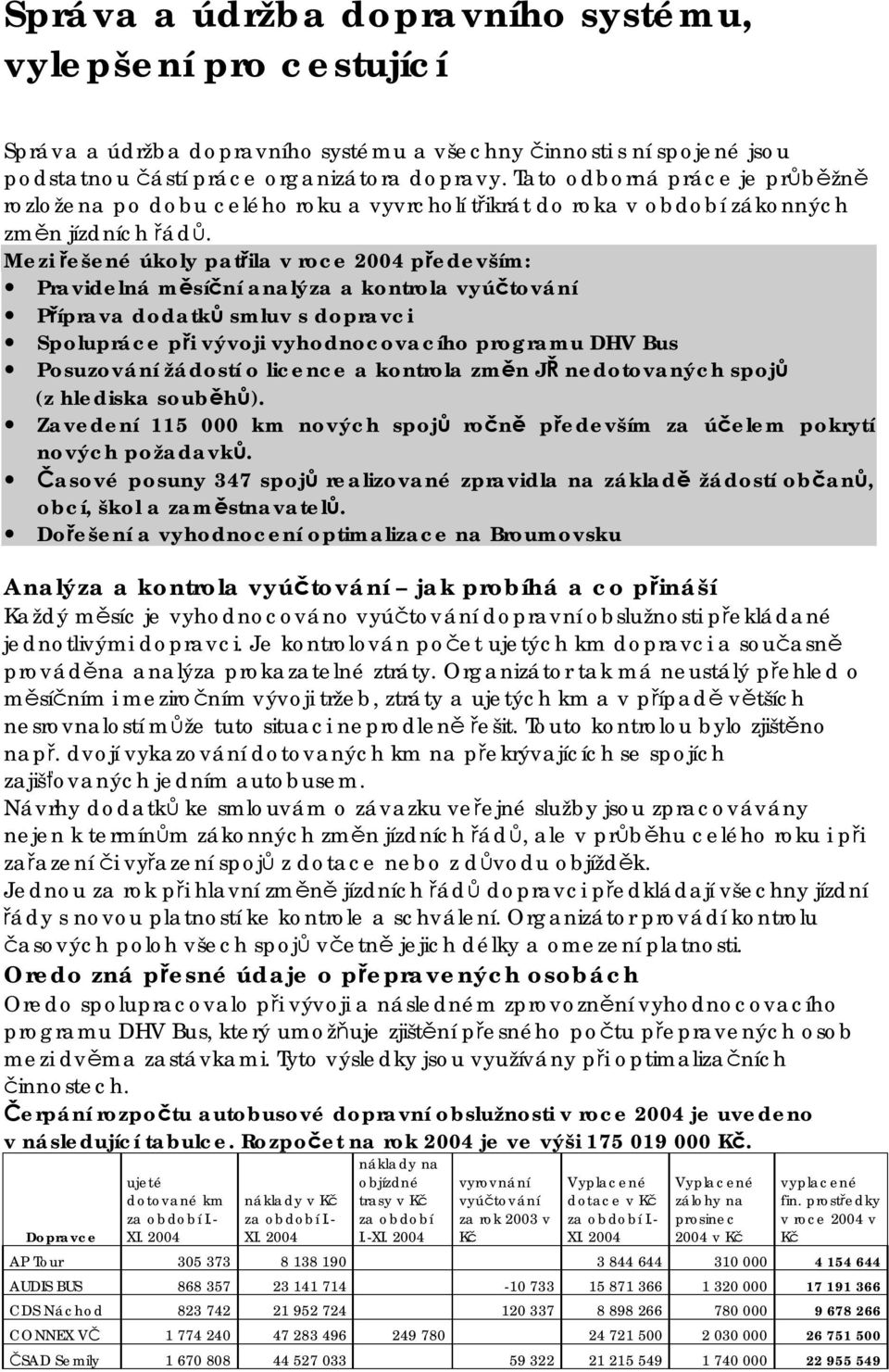 Mezi řešené úkoly patřila v roce 2004 především: Pravidelná měsíční analýza a kontrola vyúčtování Příprava dodatků smluv s dopravci Spolupráce při vývoji vyhodnocovacího programu DHV Bus Posuzování
