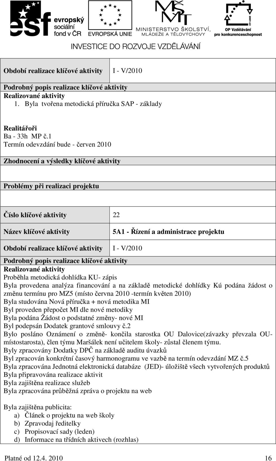 aktivity I - V/2010 Podrobný popis realizace klíčové aktivity Realizované aktivity Proběhla metodická dohlídka KU- zápis Byla provedena analýza financování a na základě metodické dohlídky Kú podána