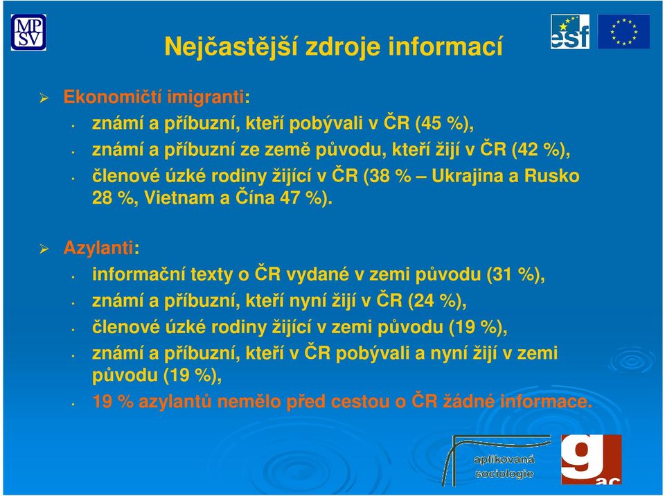 Azylanti: informační texty o ČR vydané v zemi původu (31 %), známí a příbuzní, kteří nyní žijí v ČR (24 %), členové úzké rodiny