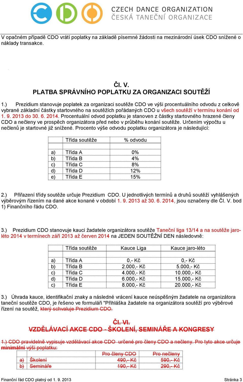 9. 2013 do 30. 6. 2014. Procentuální odvod poplatku je stanoven z částky startovného hrazené členy CDO a nečleny ve prospěch organizátora před nebo v průběhu konání soutěže.