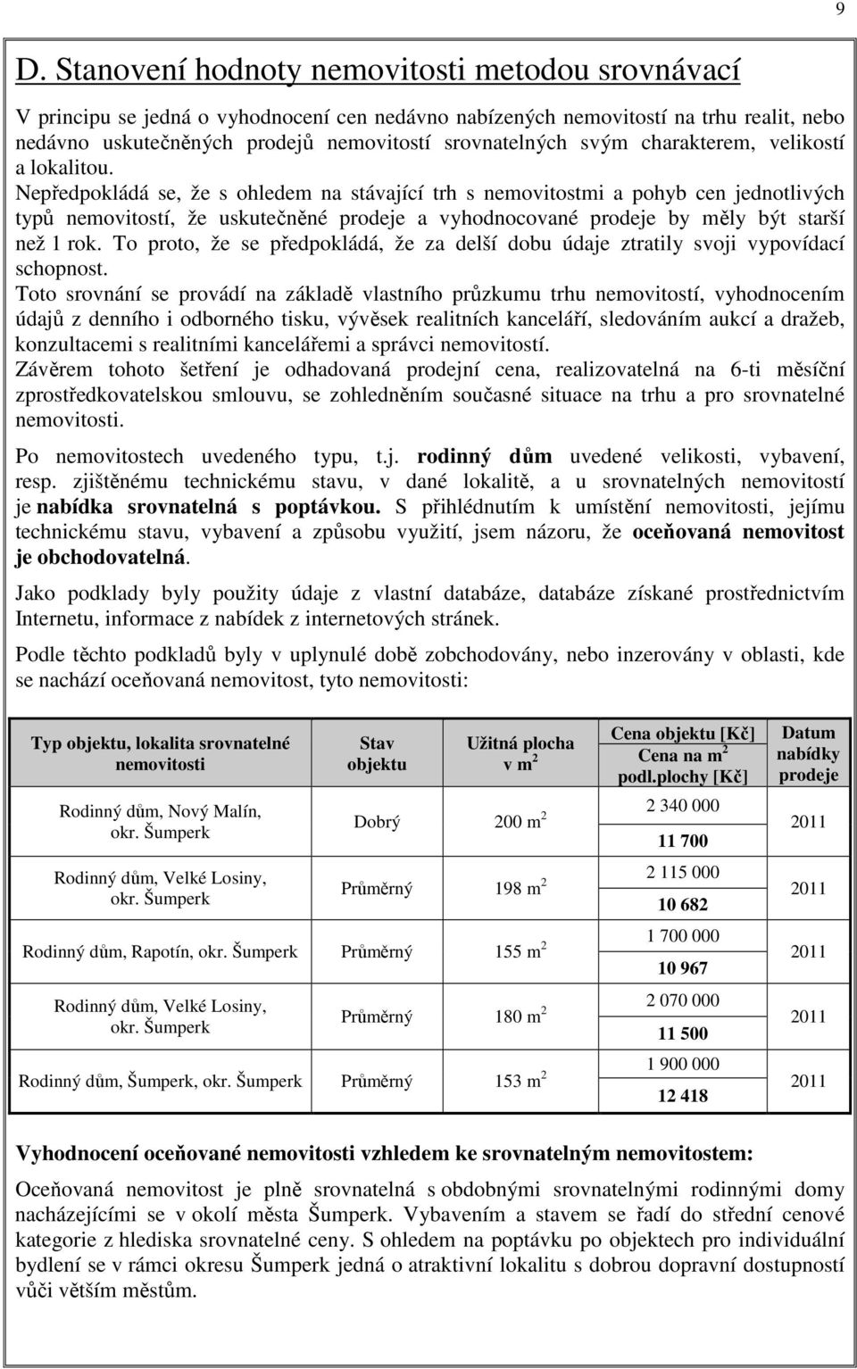 Nepředpokládá se, že s ohledem na stávající trh s nemovitostmi a pohyb cen jednotlivých typů nemovitostí, že uskutečněné prodeje a vyhodnocované prodeje by měly být starší než 1 rok.