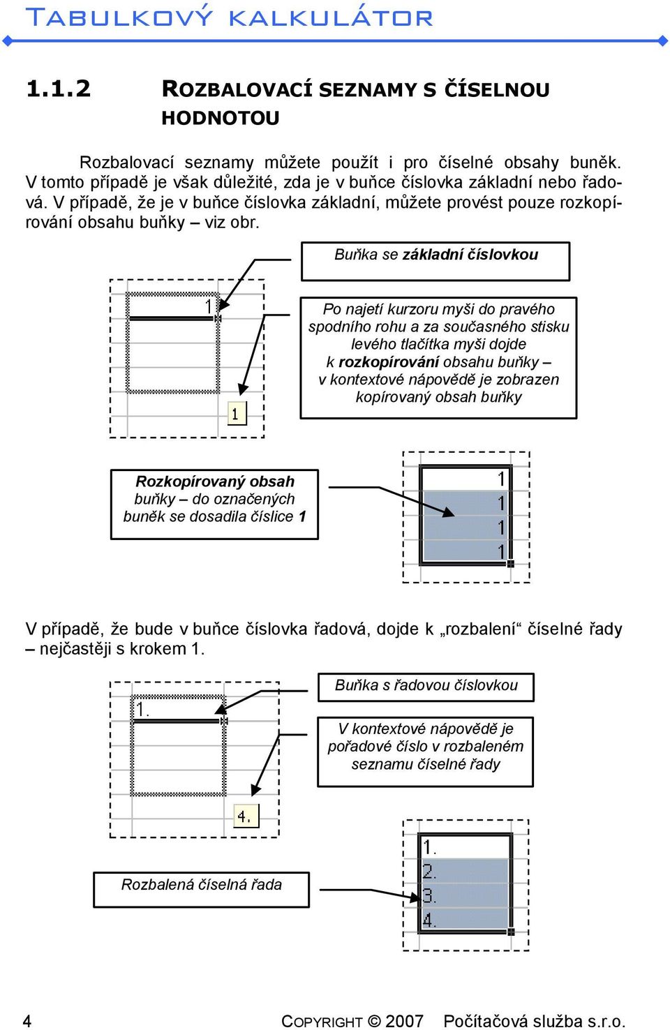 Buňka se základní číslovkou Po najetí kurzoru myši do pravého spodního rohu a za současného stisku levého tlačítka myši dojde k rozkopírování obsahu buňky v kontextové nápovědě je zobrazen kopírovaný