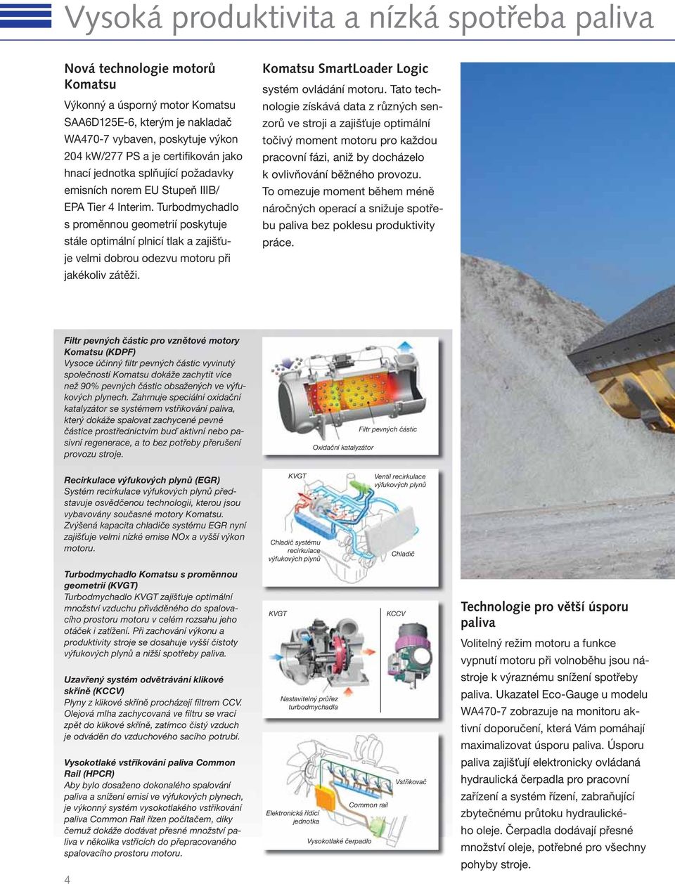 Turbodmychadlo s proměnnou geometrií poskytuje stále optimální plnicí tlak a zajišťuje velmi dobrou odezvu motoru při jakékoliv zátěži. Komatsu SmartLoader Logic systém ovládání motoru.