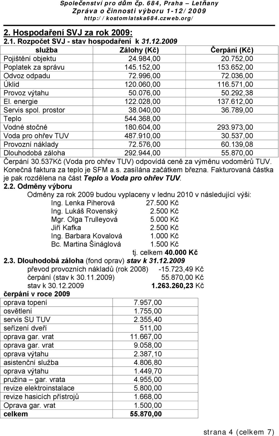 368,00 Vodné stočné 180.604,00 293.973,00 Voda pro ohřev TUV 487.910,00 30.537,00 Provozní náklady 72.576,00 60.139,08 Dlouhodobá záloha 292.944,00 55.870,00 Čerpání 30.