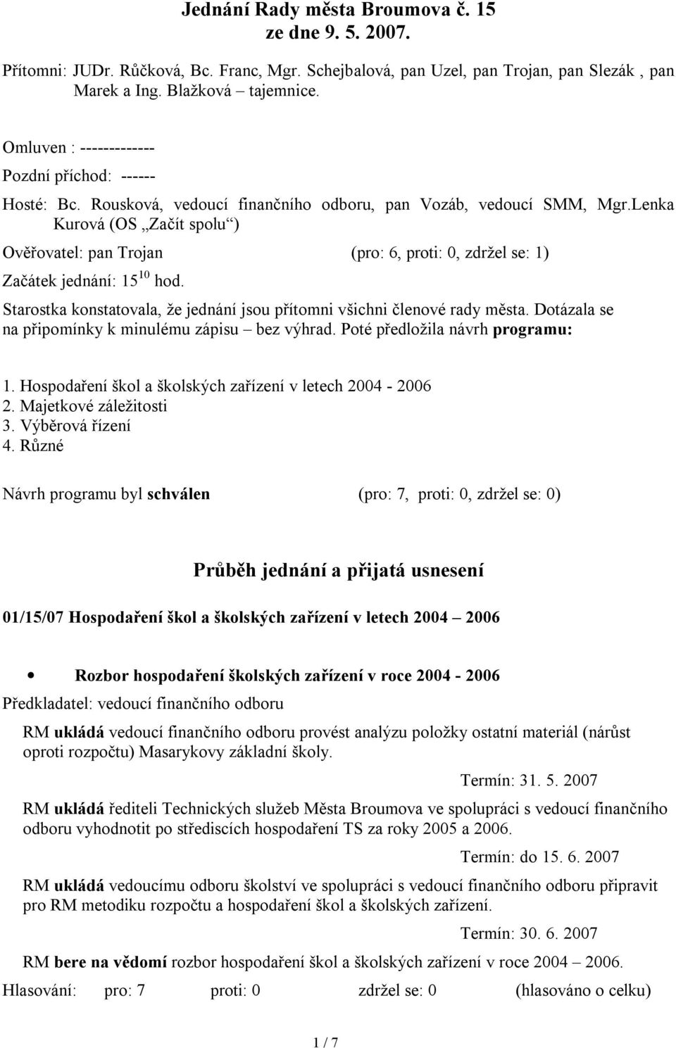 Lenka Kurová (OS Začít spolu ) Ověřovatel: pan Trojan (pro: 6, proti: 0, zdržel se: 1) Začátek jednání: 15 10 hod. Starostka konstatovala, že jednání jsou přítomni všichni členové rady města.