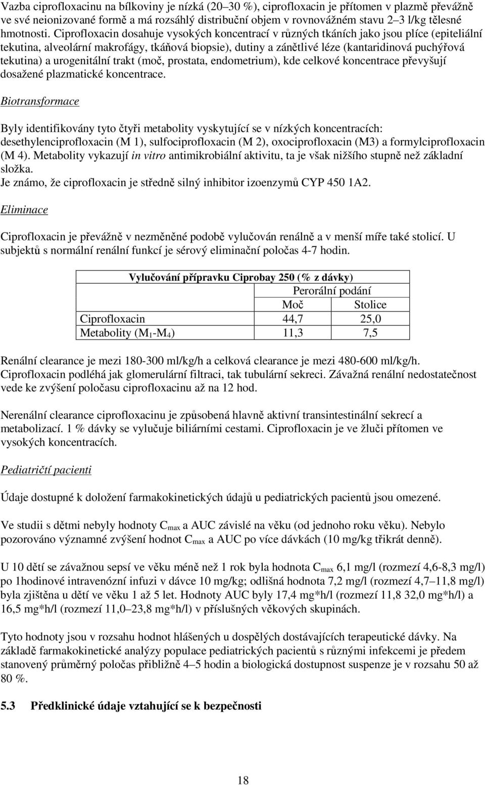 Ciprofloxacin dosahuje vysokých koncentrací v různých tkáních jako jsou plíce (epiteliální tekutina, alveolární makrofágy, tkáňová biopsie), dutiny a zánětlivé léze (kantaridinová puchýřová tekutina)