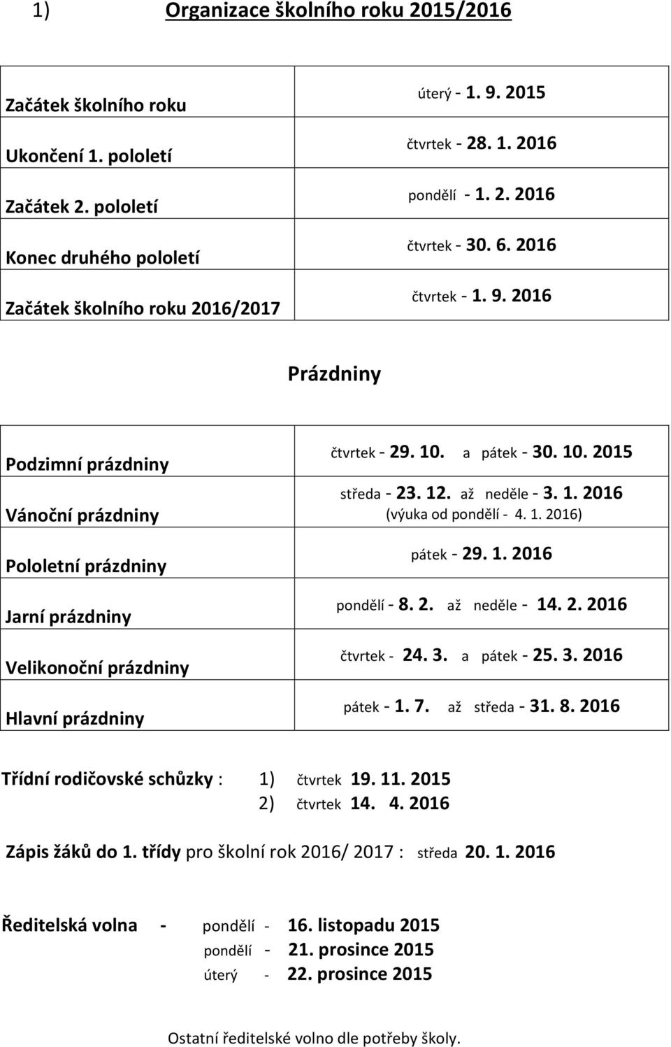 a pátek - 30. 10. 2015 středa - 23. 12. až neděle - 3. 1. 2016 (výuka od pondělí - 4. 1. 2016) pátek - 29. 1. 2016 pondělí - 8. 2. až neděle - 14. 2. 2016 čtvrtek - 24. 3. a pátek - 25. 3. 2016 pátek - 1.